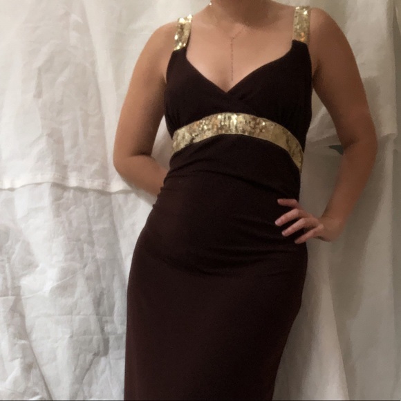 Brown and gold sequined floor length gown - Picture 2 of 7
